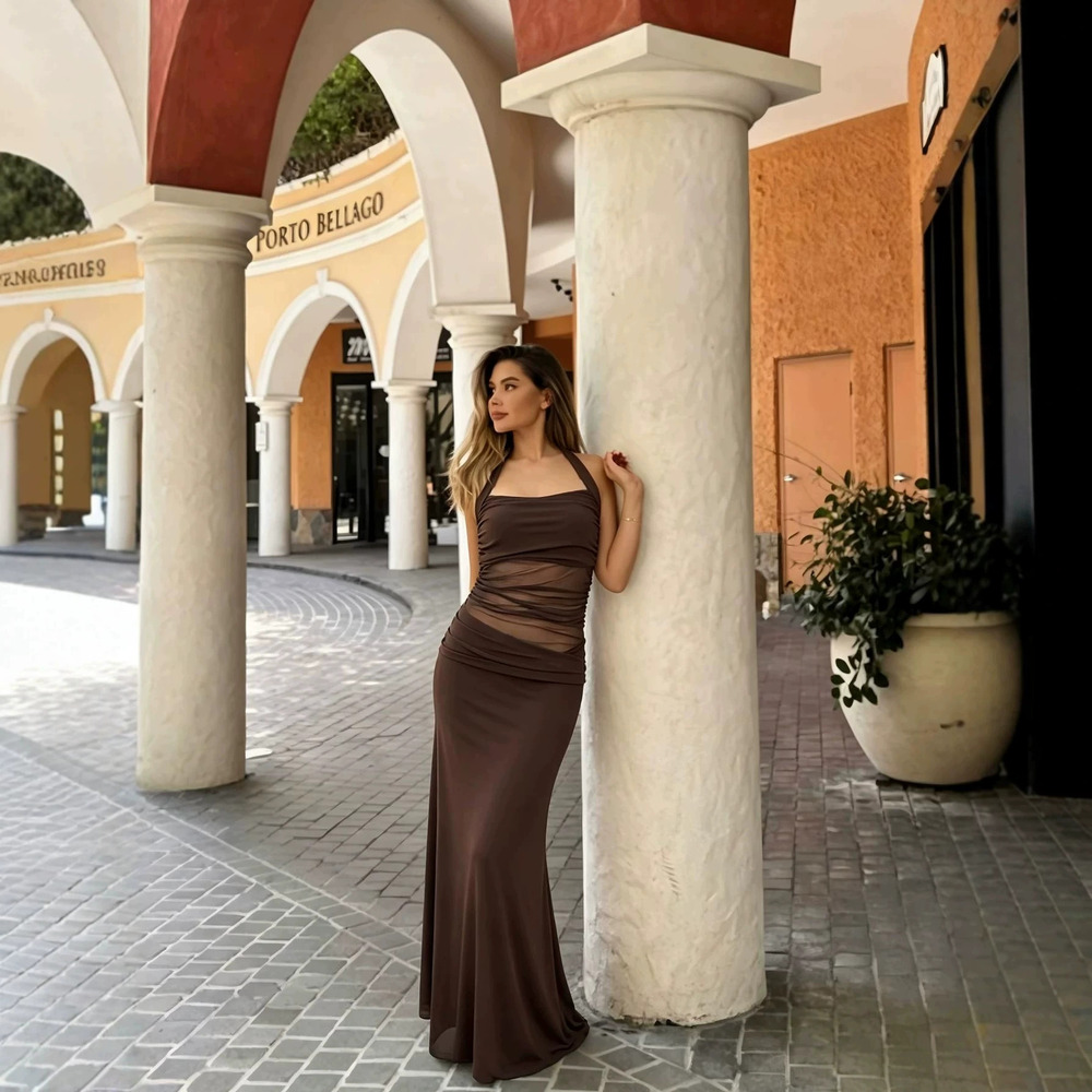 H&M Halter Neck Mesh Panel Mermaid Maxi Dress Ruched Waist Open Back